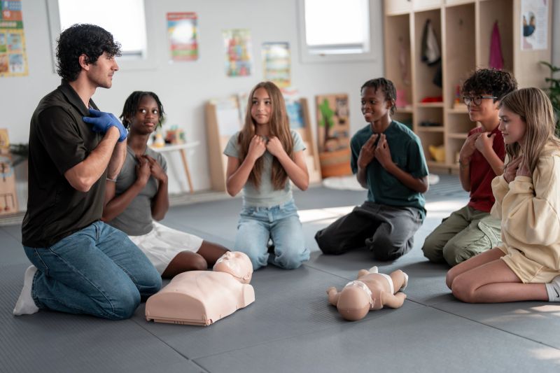 A group of teenagers and a young instructor participating in a CPR training session with mannequins, demonstrating proper first aid techniques, fostering essential life-saving skills and teamwork in a learning environment.