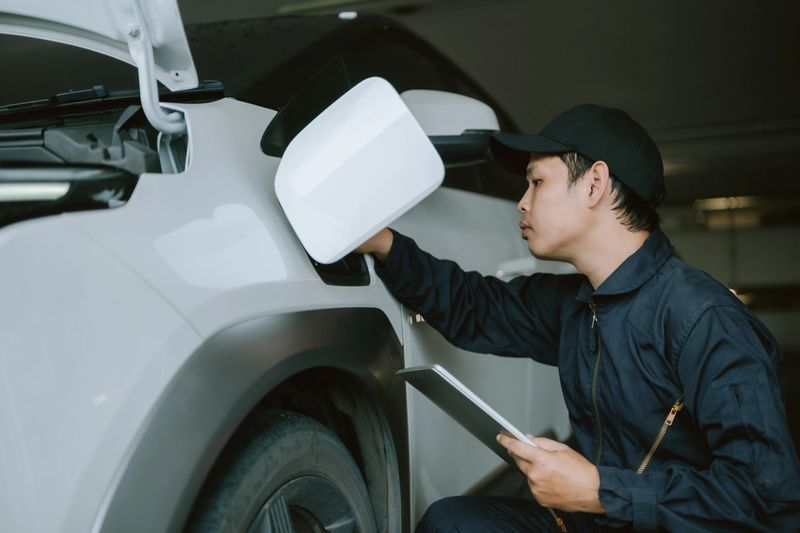 A mechanic wearing a blue jumpsuit and cap is focused on checking vehicle diagnostics with a tablet in an underground parking garage illuminated by natural light.