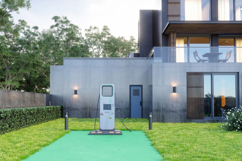 Modern Villa Exterior With Electric Vehicle Charging Station In The Garden