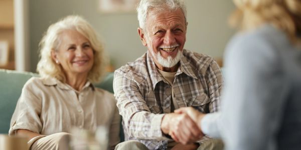 Elderly man shaking hands with a woman.