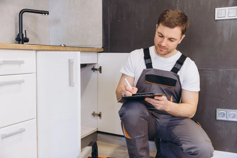 Plumber writing on clipboard while inspecting pipes under kitchen sink during maintenance work