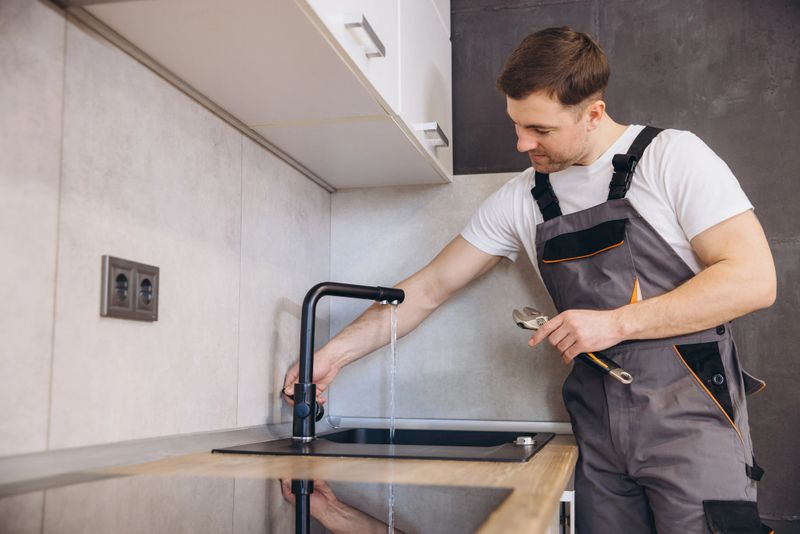 Professional plumber in uniform installing and repairing a kitchen faucet in a sink, ensuring proper water flow and functionality