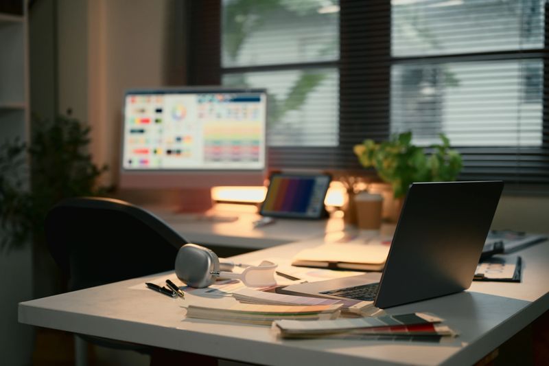 Modern graphic designer workspace with laptop, color swatches, and digital monitor showing color palettes..