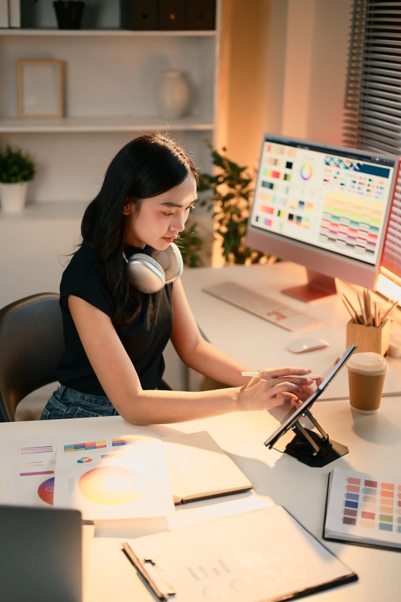 Designer woman working on branding project using digital tablet at modern creative office.