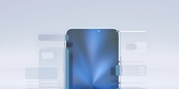 A sleek smartphone surrounded by translucent floating UI elements.