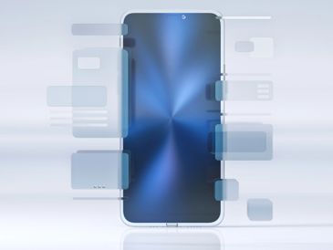 A sleek smartphone with floating transparent interface elements around it.