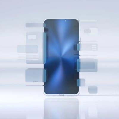 A smartphone with digital interface elements floating around it.
