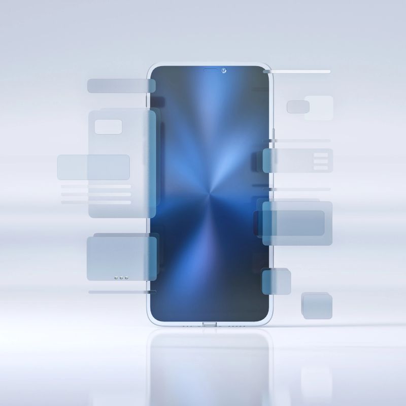 A modern smartphone with a sleek design mockup displayed on a reflective background. The device is surrounded by blank digital interface elements.  UI UX design, user-friendly navigation, advanced screen technology integration, minimalistic aesthetics. Mobile innovation, user interface design, digital communication