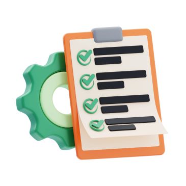 3D illustration of a checklist clipboard with a gear behind it.