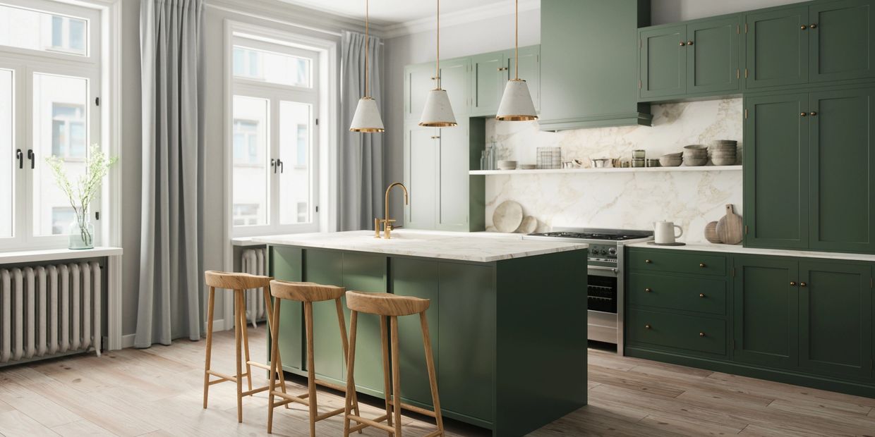 Photo of a clean, modern kitchen with green cabinets and earthy wood toned accents.