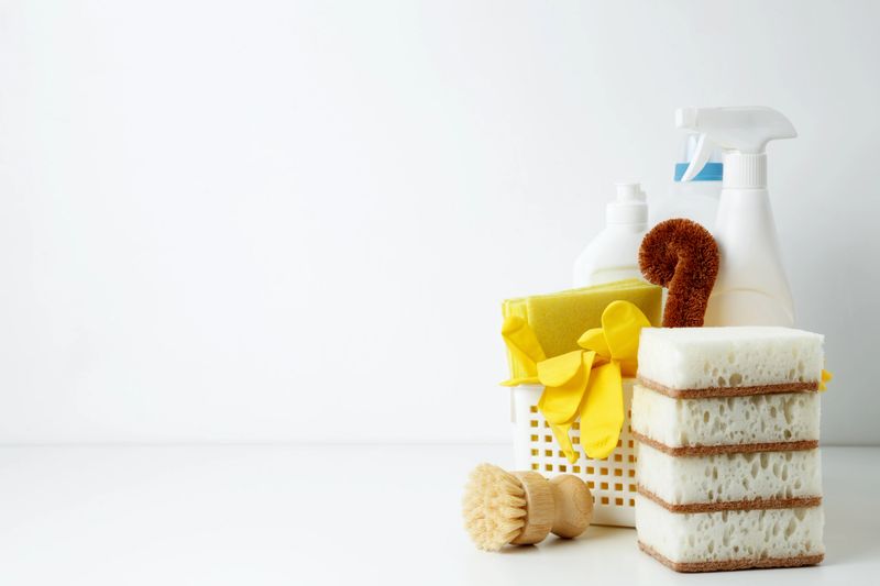 Cleaning supplies in a container, ready for a productive and satisfying spring refresh. Household cleaning and hygiene concept