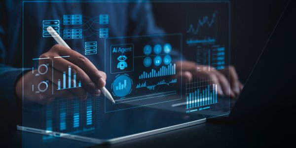 Person interacting with a digital interface showing AI data and analytics.