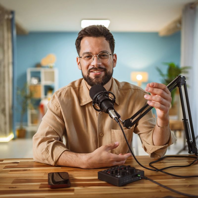 Adult man with eyeglasses and headphones smile while record a podcast in a living room with a modern aesthetic
