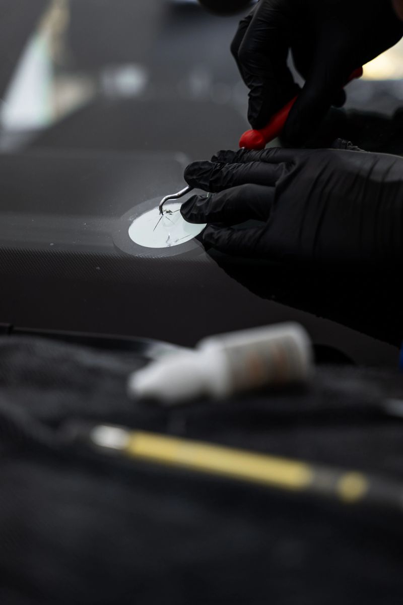 Precision windshield crack repair in progress with specialized tools. Professional windshield chip repair close-up during resin injection for damaged auto glass clarity