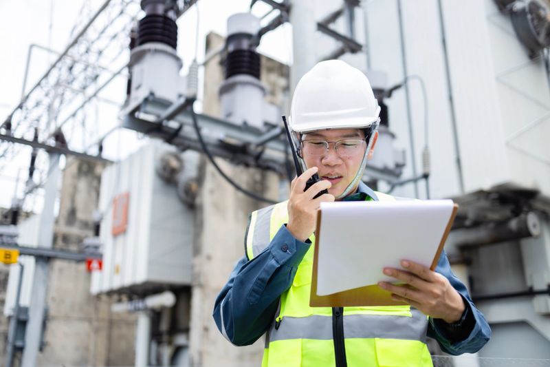An engineer is working at high voltage power substation conducting inspection and check of infrastructure using walkie talkie and clipboard for safety and accuracy