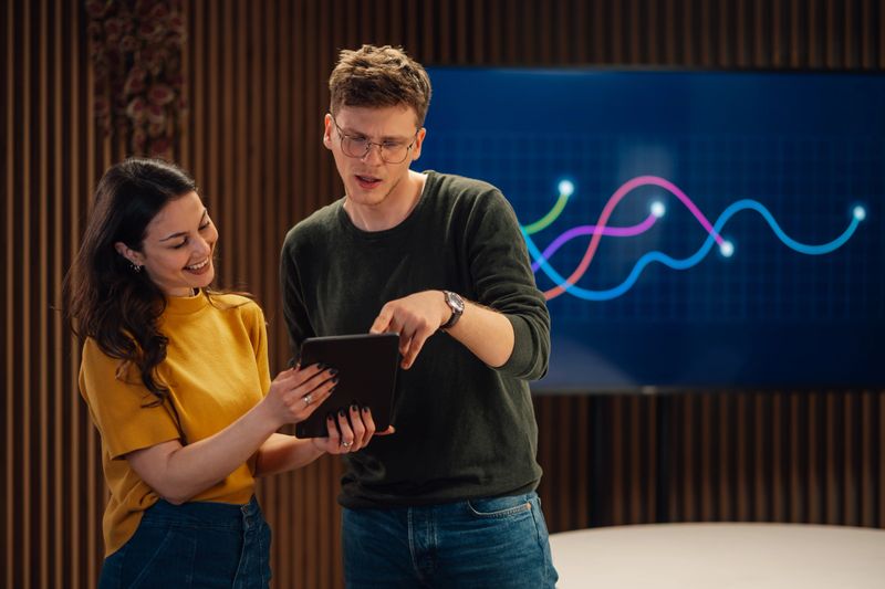 Two young professionals are collaborating, analyzing data on a tablet with a graph displayed on a screen in the background, showcasing teamwork and data analysis in a modern office
