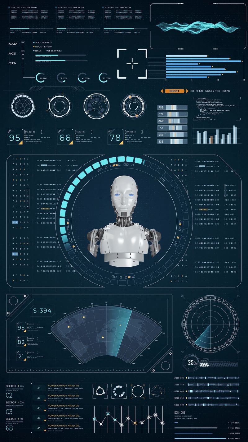 Blue digital robot head with head up display (HUD UI) and futuristic technology abstract background artificial intelligence and assistant machine learning vertical