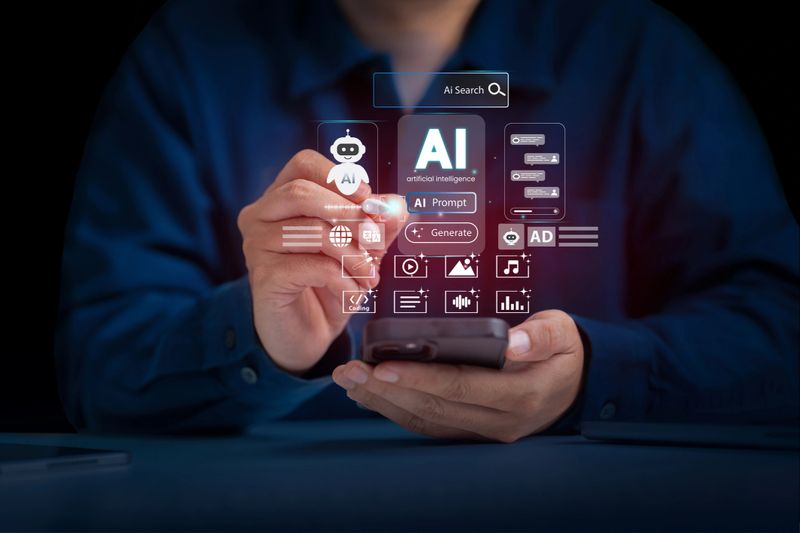 Artificial Intelligence and mobile technology concept. Man using smartphone for AI Search, Generative Edit, Live Translate, Chatbot assistant conversation. AI Agent. Chatbot. Agentic workflows. LLM.