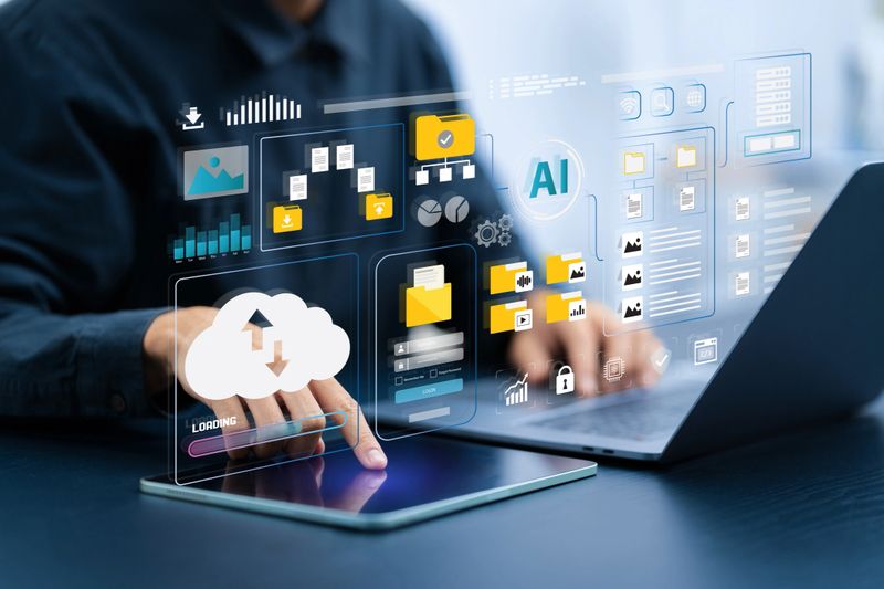 Cloud Computing Technology and Document Management System (DMS) concept. Document workflow sharing. Digital asset content management. Backup online document files. Data Storage. download and upload.