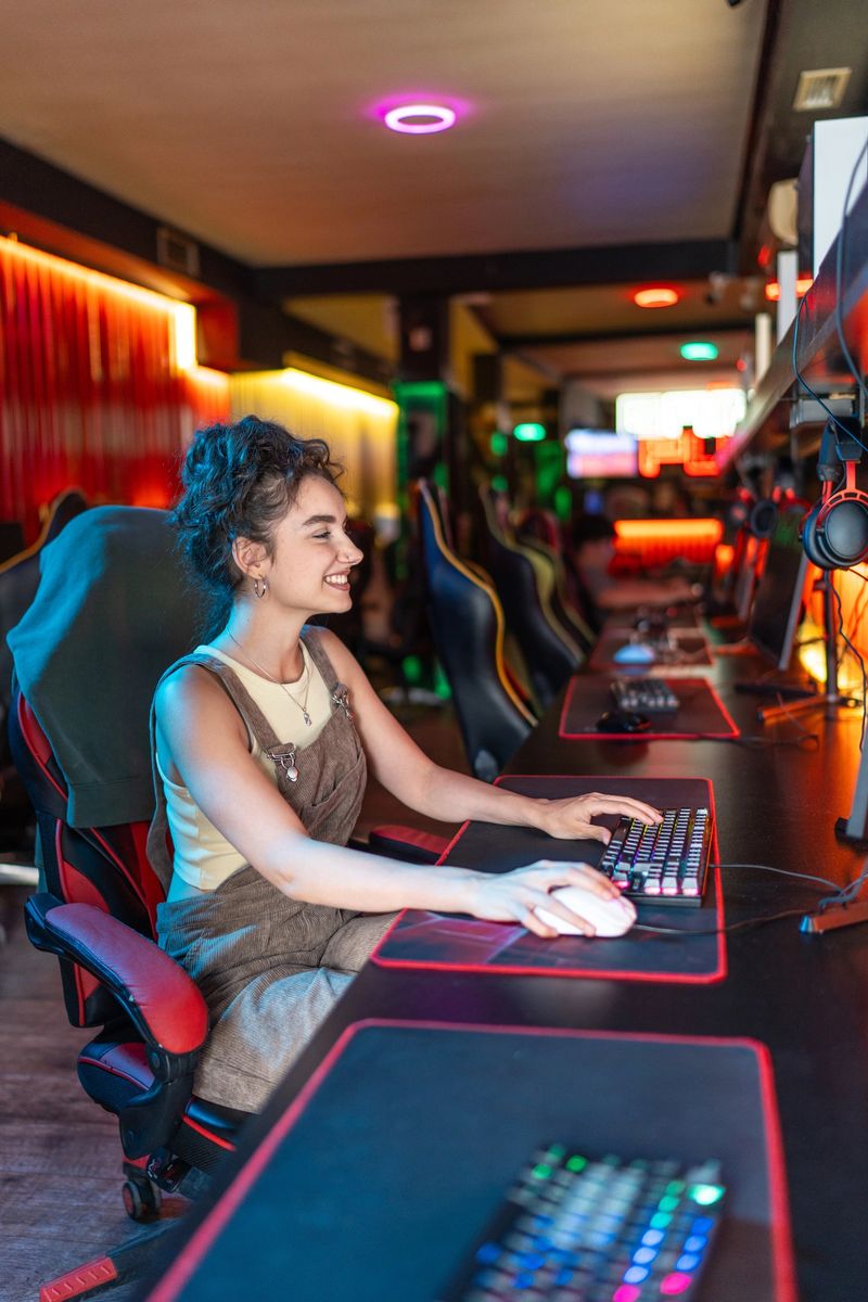 Young woman enjoying video gaming on a computer in an internet cafe, fully immersed in the colorful and dynamic environment while showcasing her skills and excitement for esports