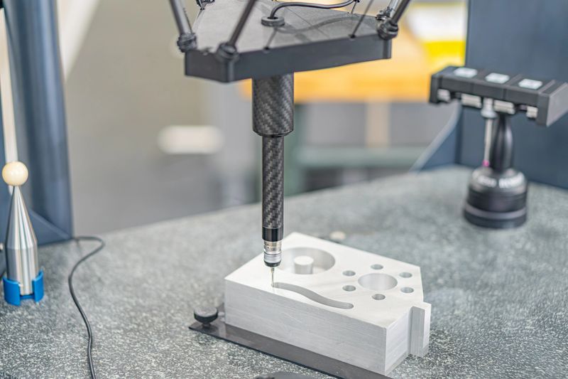 Industrial scene with CNC milling machine and metal component Metallic base, rotating arm, cutting tools, flat work surface Large-scale industrial setting with additional machinery Bright lighting