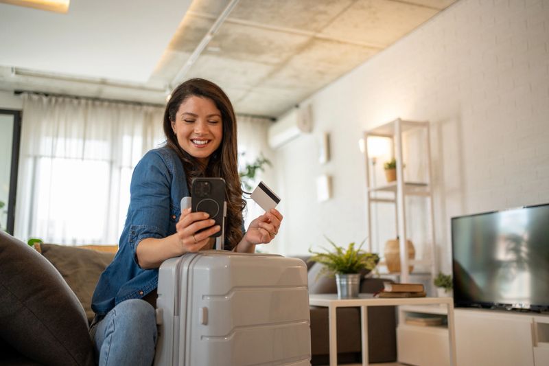 Smiling young woman sitting on sofa with packed suitcase, using smartphone and credit card to book a trip online, enjoying making travel plans from the comfort of her home
