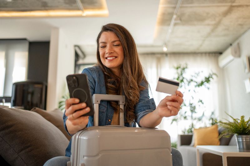 Smiling young woman is holding a credit card and using a smartphone to book a trip, sitting on a sofa with her suitcase next to her in a modern apartment