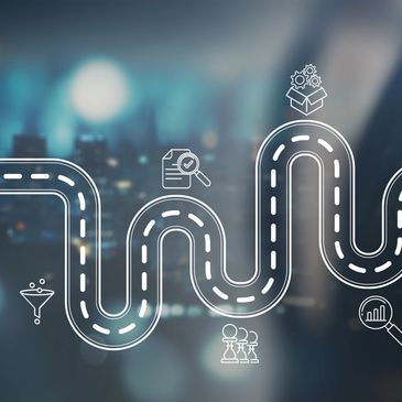 Winding road graphic over a blurred city background, surrounded by icons representing document revie