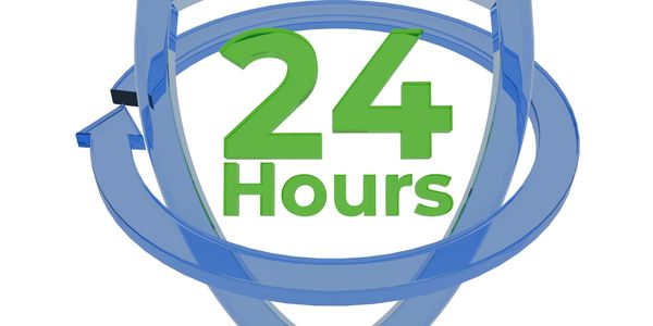 3D text showing 24 hours with circular arrows.