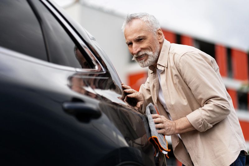 Smiling senior man polishing his new black car with microfiber cloth, taking care of vehicle body paint, happy with his purchase, car detailing concept