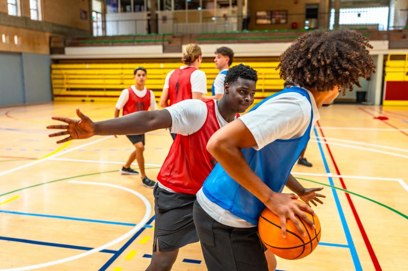 Teenagers engaging in an intense basketball game on a wooden court, skillfully dribbling, passing, and showcasing teamwork