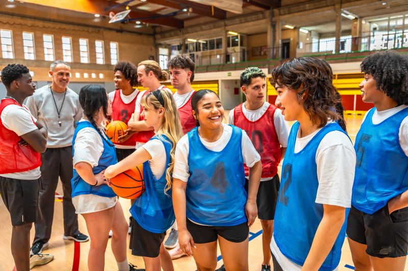 Multi-ethnic high school basketball team listening to their coach's instructions during a training session in a gymnasium