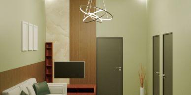 Modern living room with neutral tones and minimalist design.
