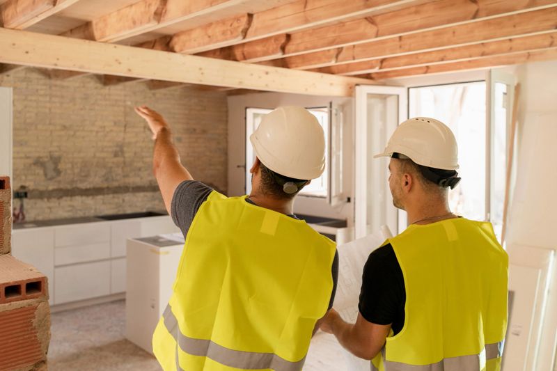 Rear view of male construction workers wearing safety vests and hard hats working on the renovation of a house