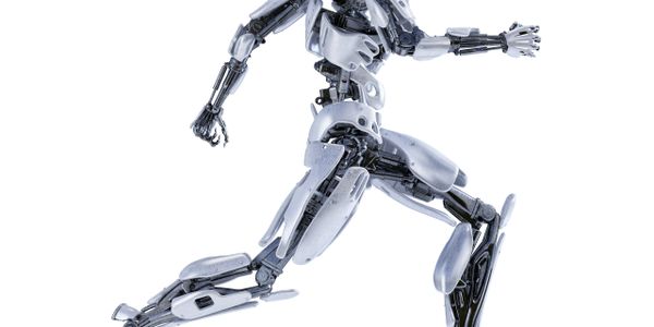 Futuristic silver robot in mid-run pose on a white background.