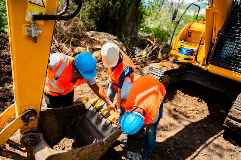 Construction workers examining the bucket of an excavator at an active construction site surrounded by dirt and greenery