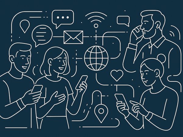 Line art of people connecting via mobile devices and communication icons.