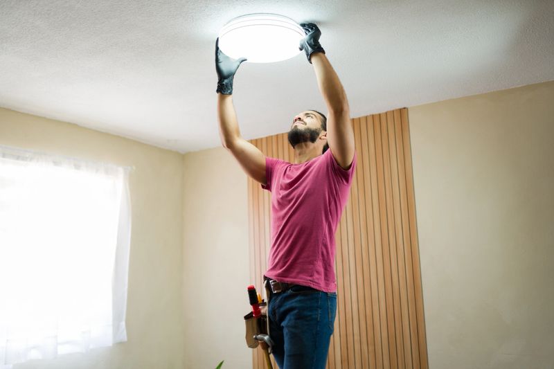 Electrician working on ceiling light installation in a modern home, ensuring proper electrical connections and secure fixture placement