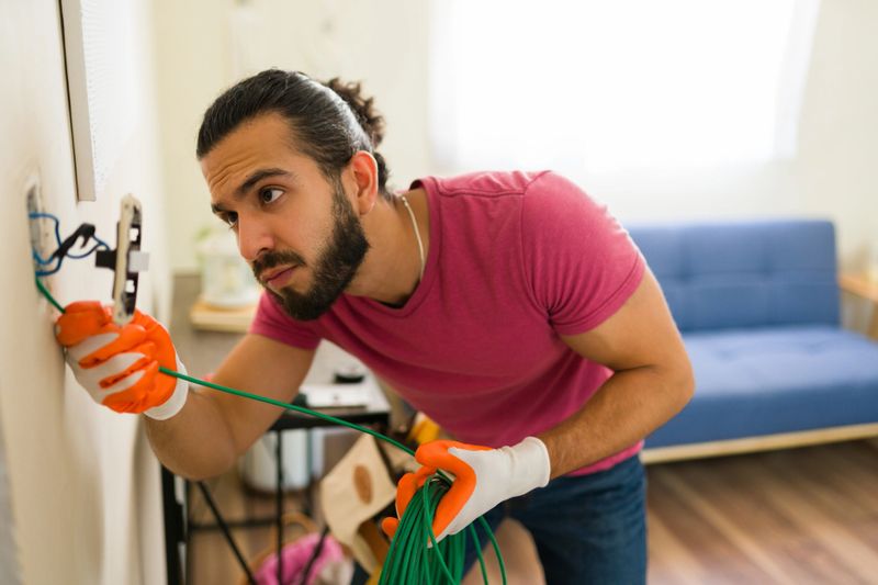 Focused contractor wearing gloves and installing a light switch while fixing electricity problems during house maintenance