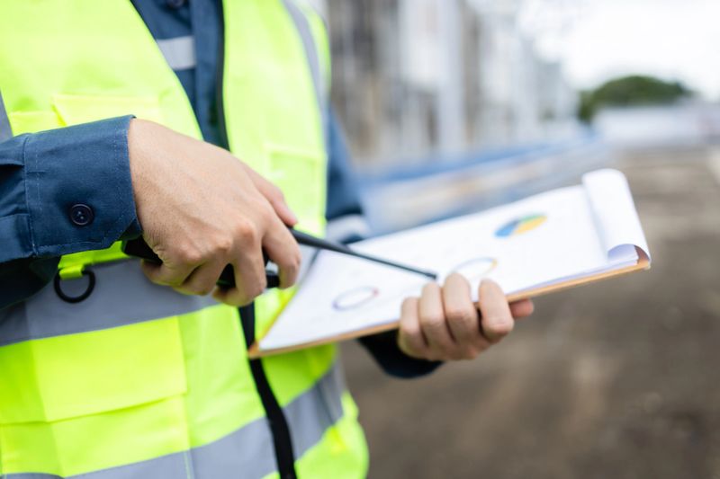 An engineer is working on high voltage power substation inspection using checklist to carefully check infrastructure ensuring safety and reliability during inspection process