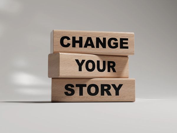 Wooden blocks stacked with the words 'Change Your Story' in bold black letters.
