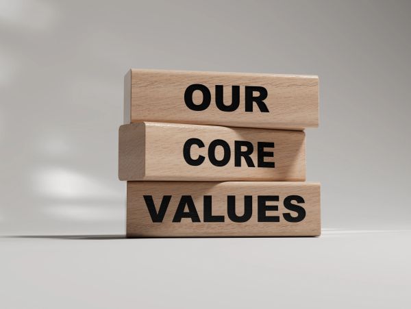 Wooden blocks with the text 'OUR CORE VALUES'.