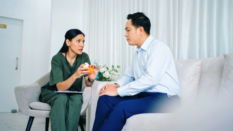 Nurse consulting male patient about medication during healthcare session in clinic