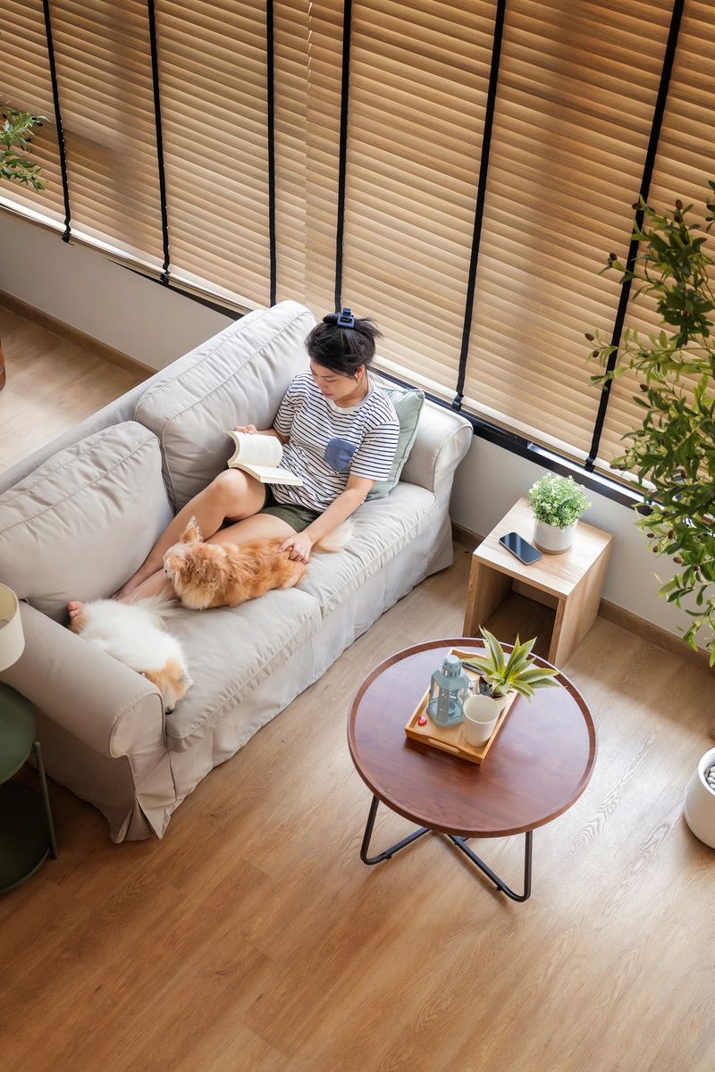 A beautiful young East Asian woman with brown hair sits comfortably on the floor, reading a blue novel while wearing earphones and a white top. Sunlight streams through the window into the cozy living room, where a dachshund and a chihuahua nap peacefully on the sofa beside her. With a small cushion on her lap and back, she feels relaxed, enjoying a calm, warm afternoon surrounded by her pets and books.
