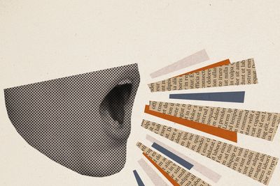 Mouth speaking with words emerging as cut-out newspaper strips.