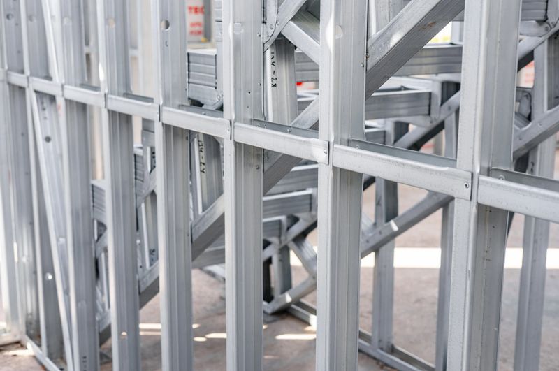 Light gauge steel framing system used for house construction. Wall to be clad with fibre cement board. Metal frame of a new modern house. Copy space