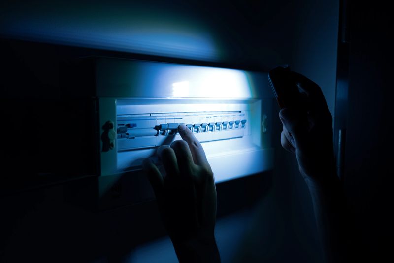 Investigate a home fuse box during a power outage. Blackout concept