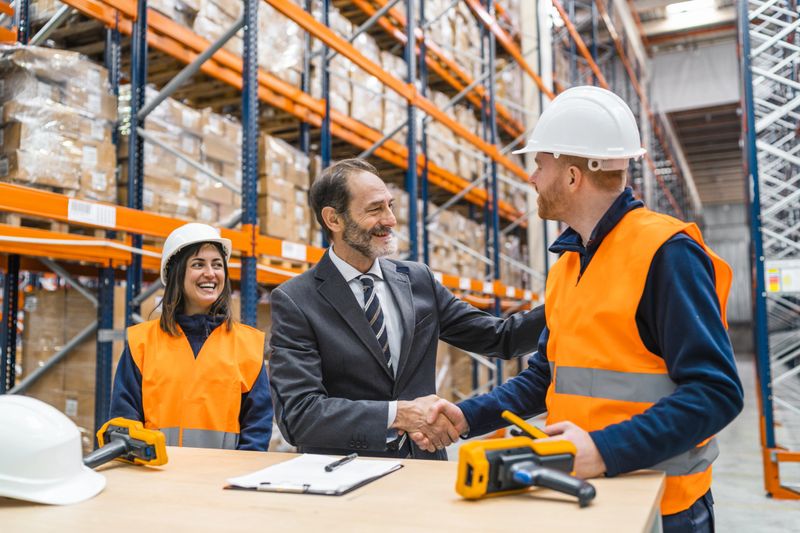 Manager greeting a warehouse worker in a distribution center, with a female colleague smiling in the background