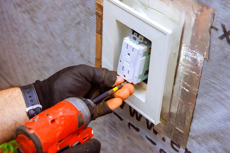 An electrician works on installing an electrical outlet in home, ensuring safe efficient wiring.