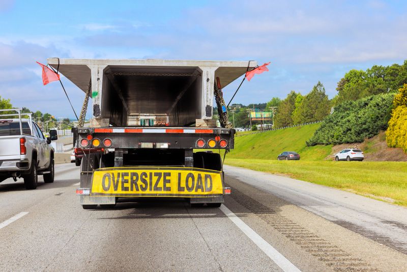 Large truck equipped with an oversize load sign drives along busy highway under transportation in motion.